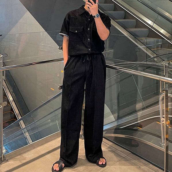 ブラック半袖シャツ×ワイドパンツ セットアップ SS-000542