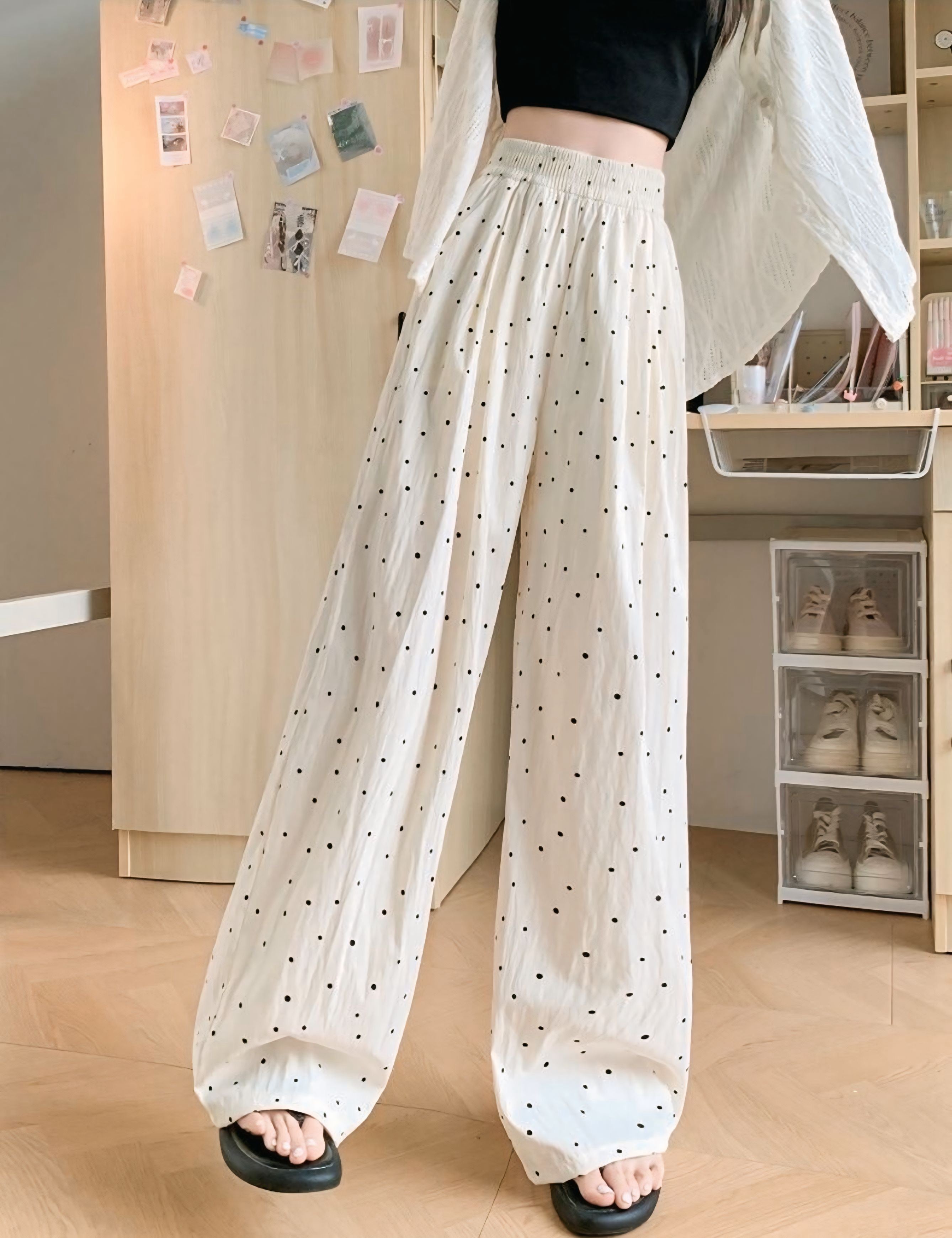【4color】ゆるかわデザイン ドット柄ワイドパンツ SS-000173