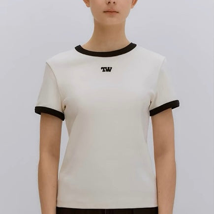 【3color】TWロゴ入り バイカラーリブTシャツ｜韓国カジュアルコーデ SS-000248