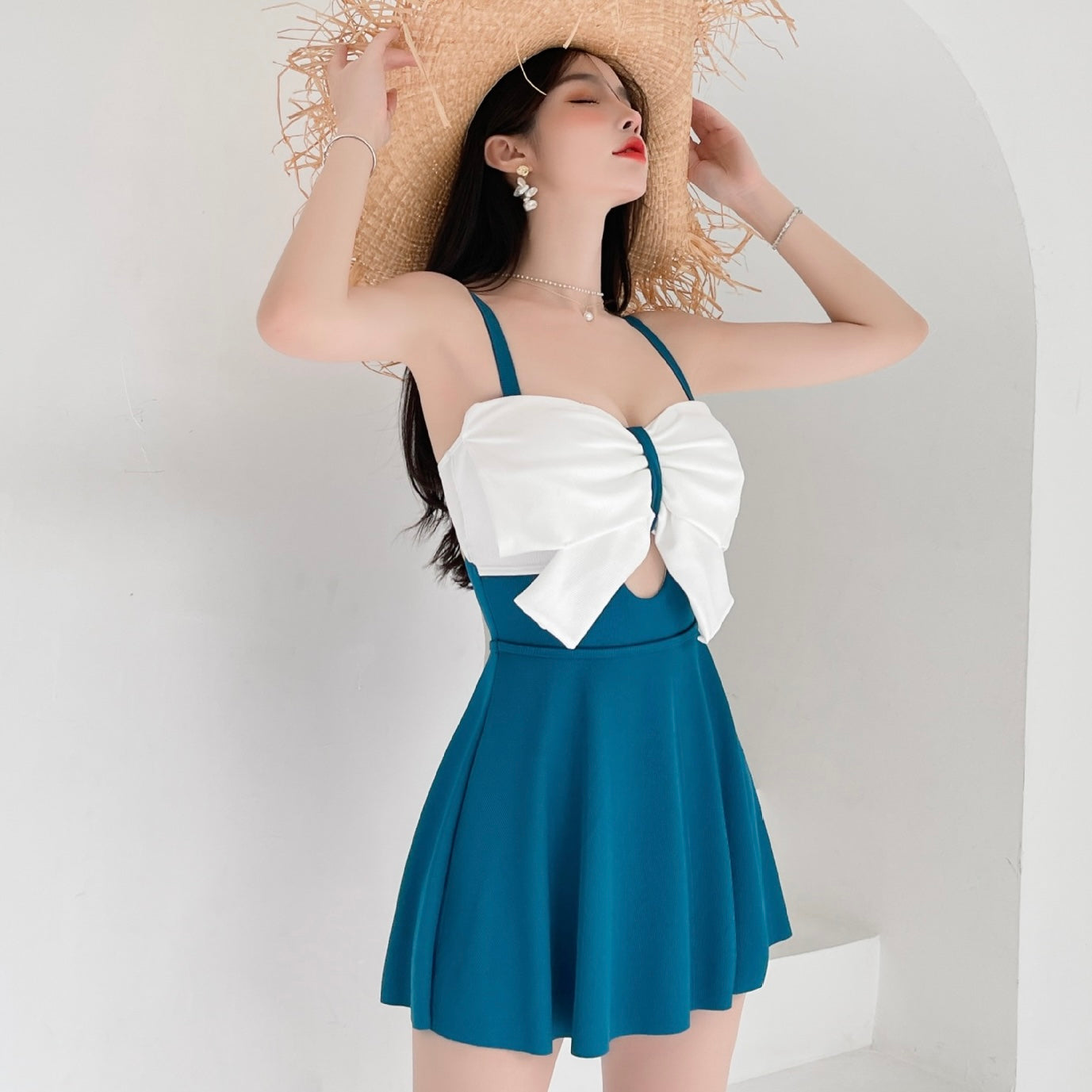 【2color】ボリュームリボンフレアワンピース水着  SS-000119