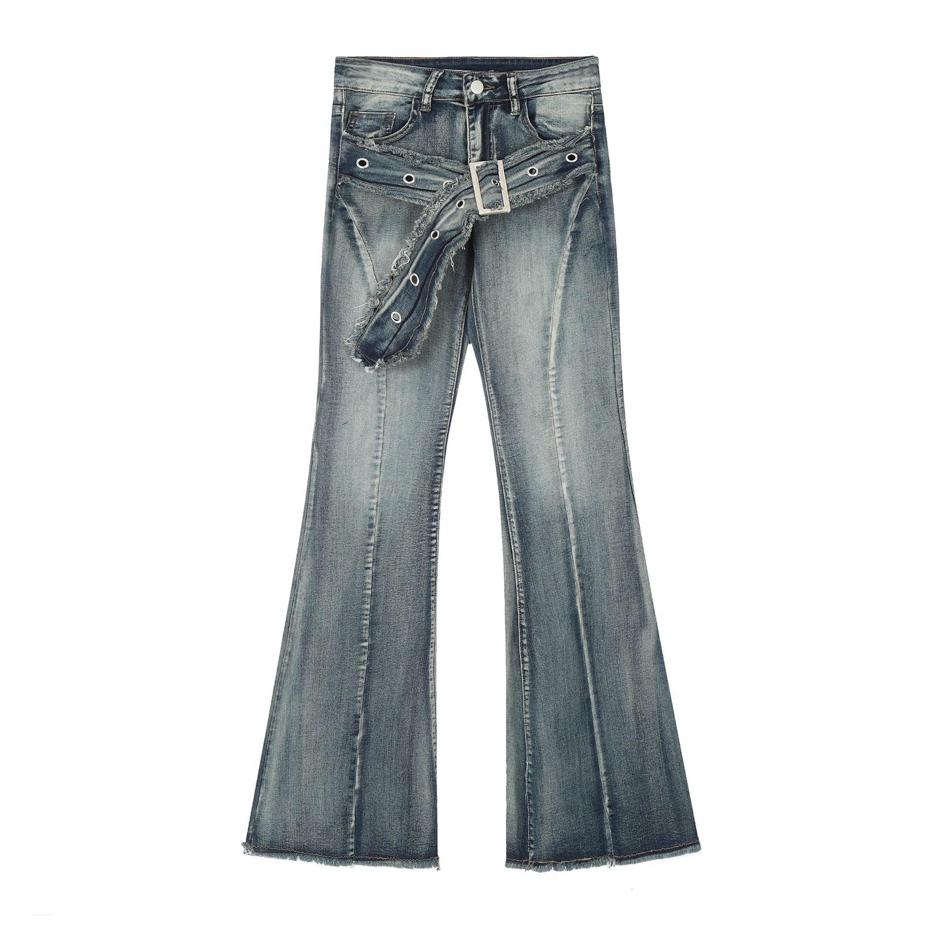 【2color】ヴィンテージ風 フレアデニム ベルト付き ブーツカットパンツ SS-000327