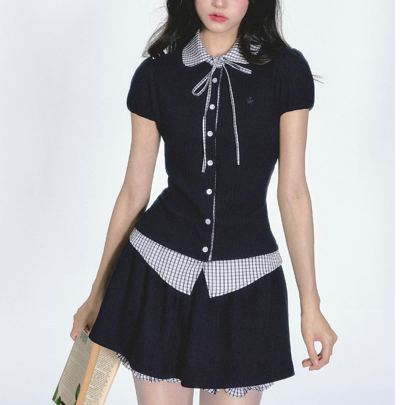 【2color】韓国風リボンセットアップワンピース チェック切り替え大人ガーリー SS-000223