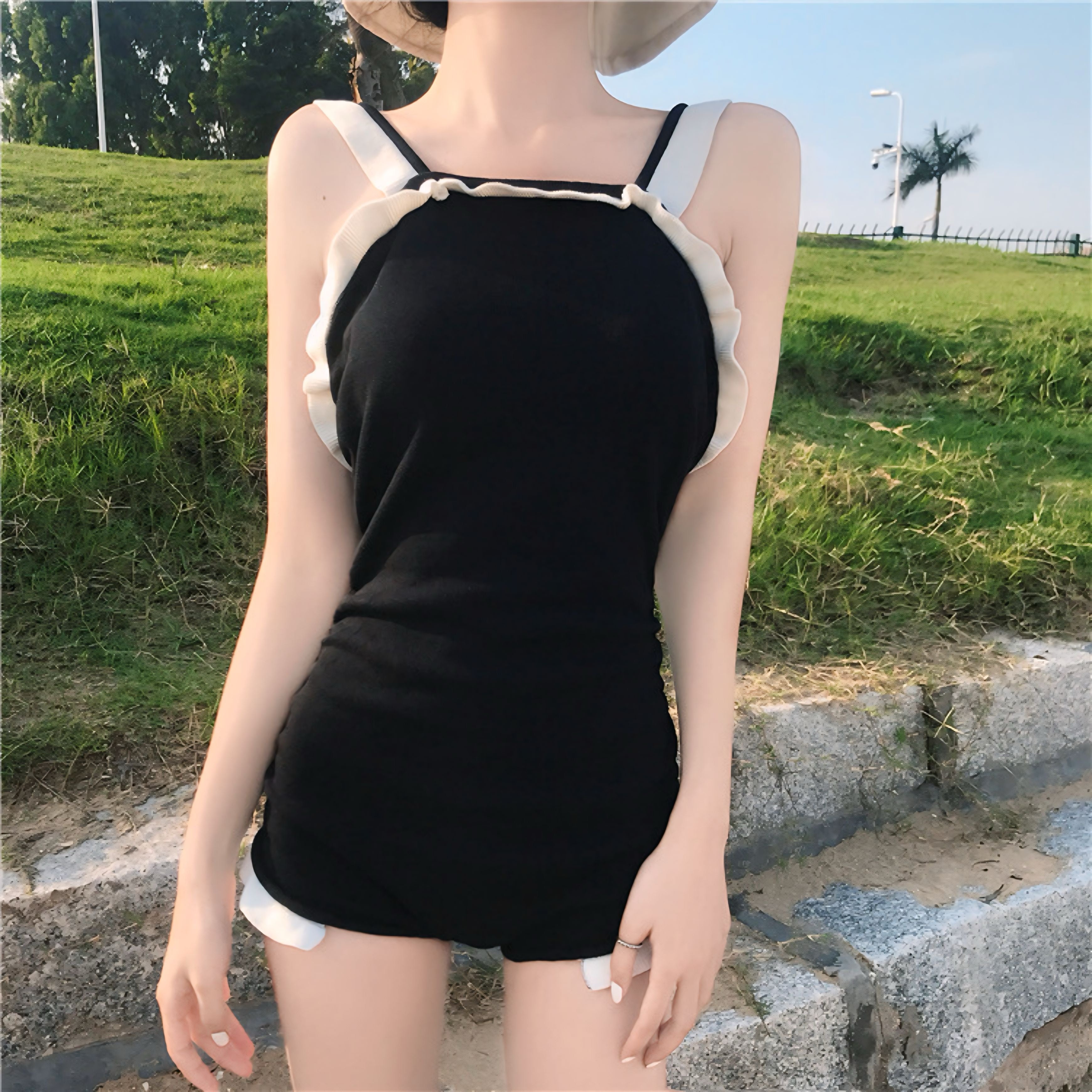 【2color】トレンド大人気 フリル付き体型カバーワンピ SS-000090