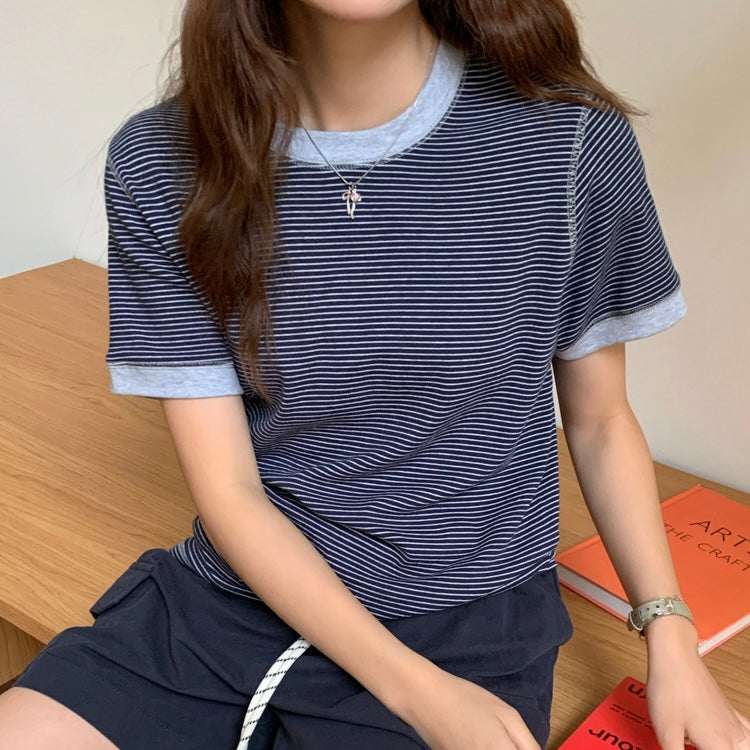 【2color】配色リブボーダーTシャツ｜カジュアルガーリーな韓国風トップス SS-000262