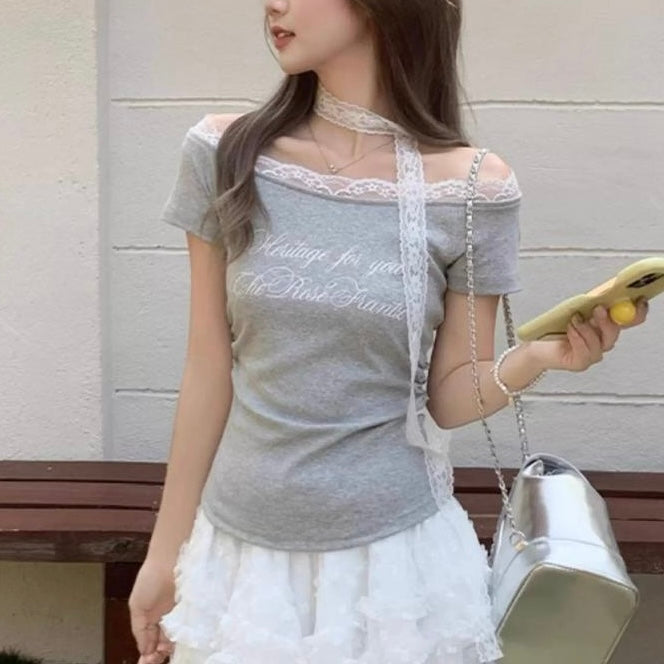 レース付き オフショル Tシャツ SS-000388