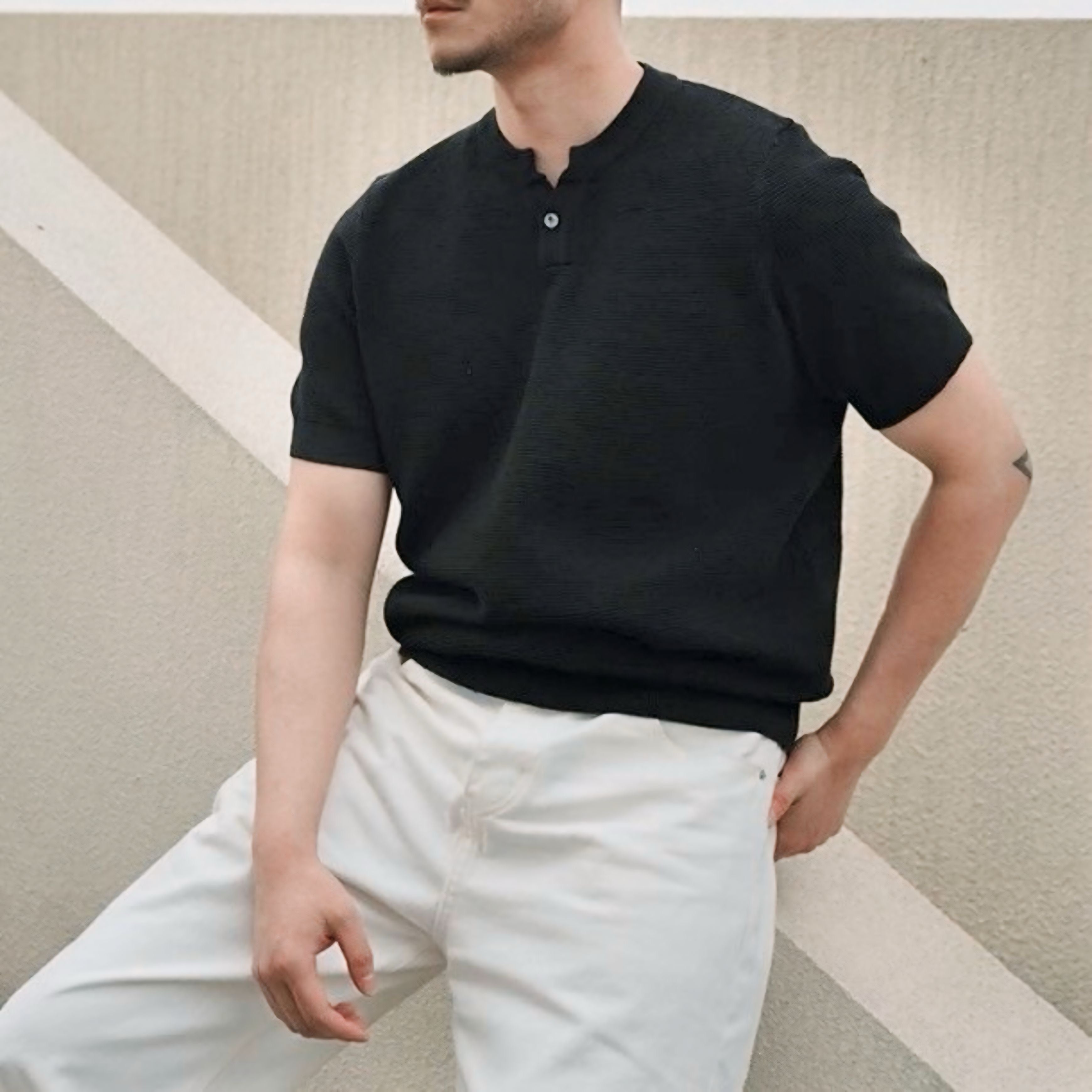 【4color】上質コットンのバンドカラー半袖ニットポロ SS-000144