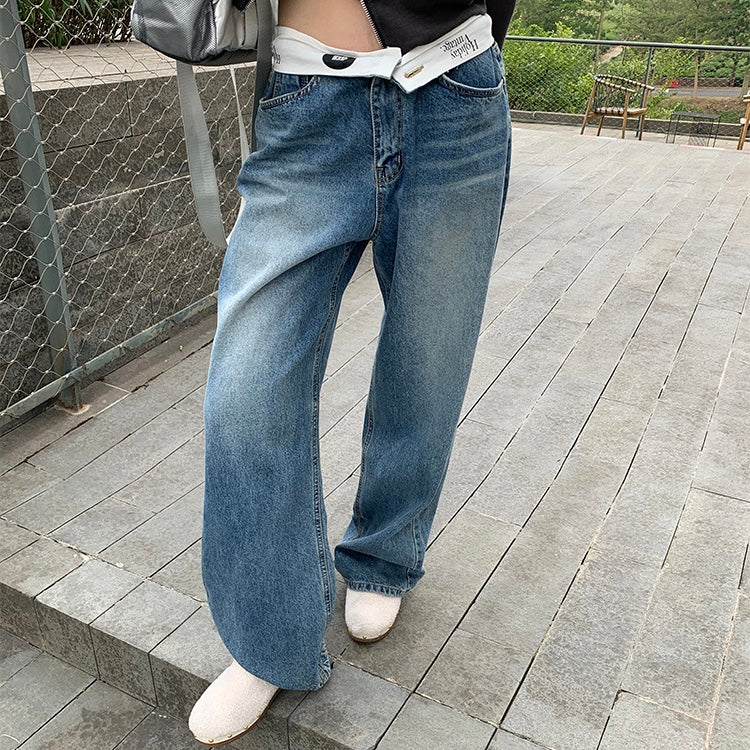 ゆるストレートデニムパンツ｜腰履き風ローライズ＆ヴィンテージブルー SS-000265