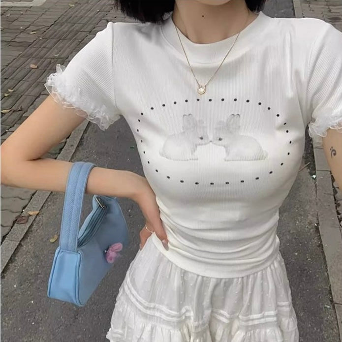 レース袖ウサギプリントカットソー 韓国ガーリースタイル 白Tシャツ SS-000233