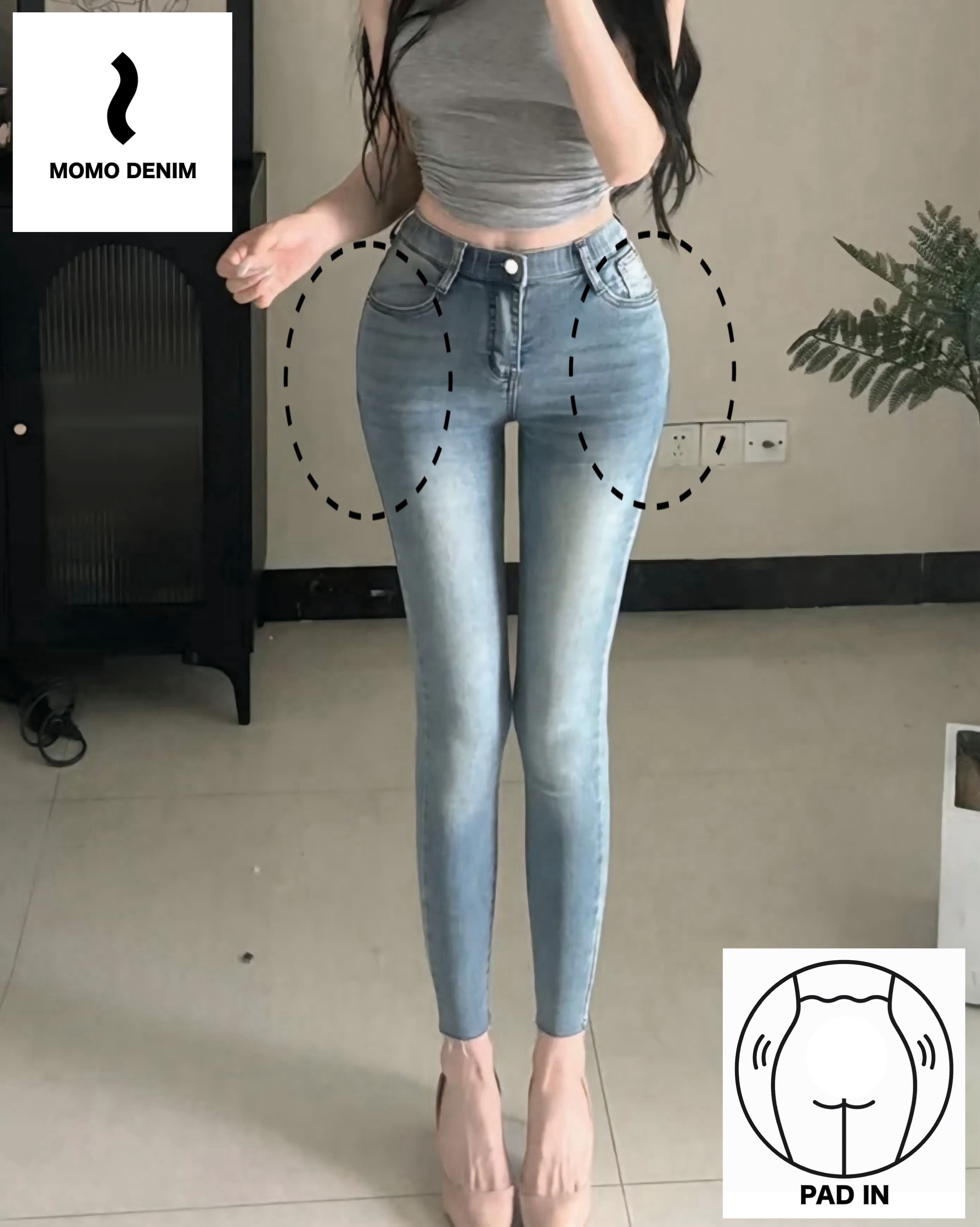 【骨盤パッド入り】MOMO DENIM 【3color 】ストレッチデニムパンツ SS-000656