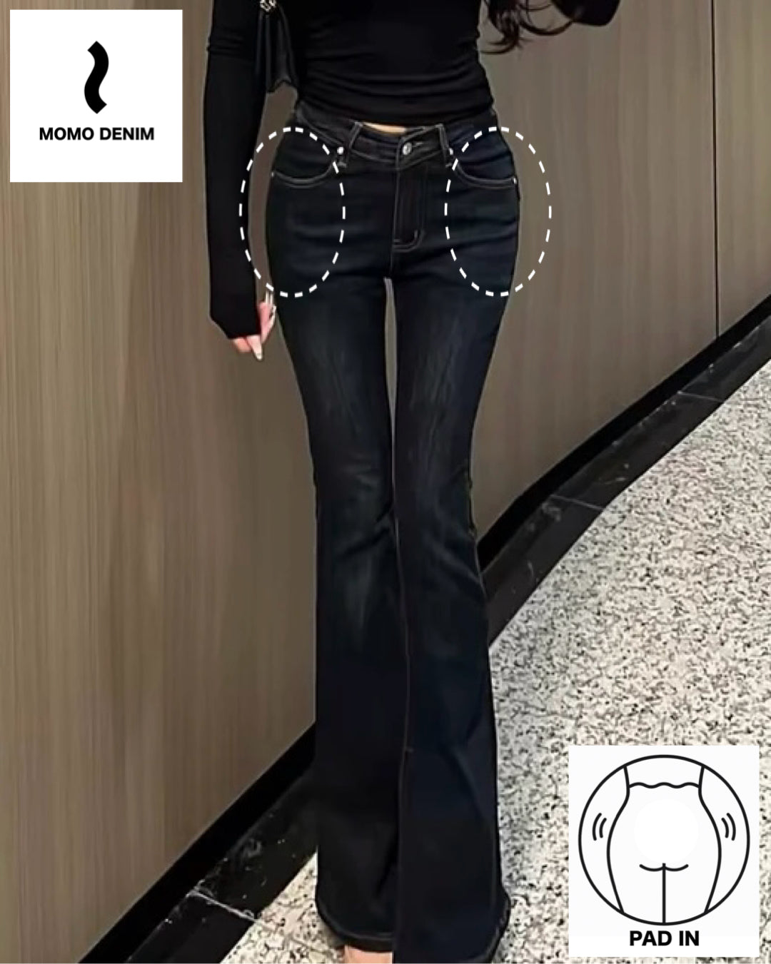 【骨盤パッド入り】MOMO DENIM スリムフレアジーンズ SS-000657